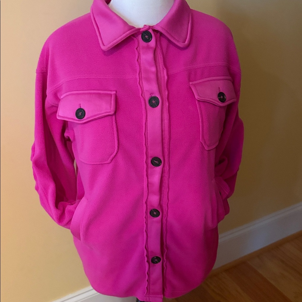 Zenana Barbie pink jacket shacket small elbow patch button fleece warm oversized